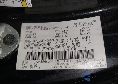 2008 Mitsubishi Eclipse Spyder Gs z USA, uszkodzony, nr VIN 4A3AL25F88E010016